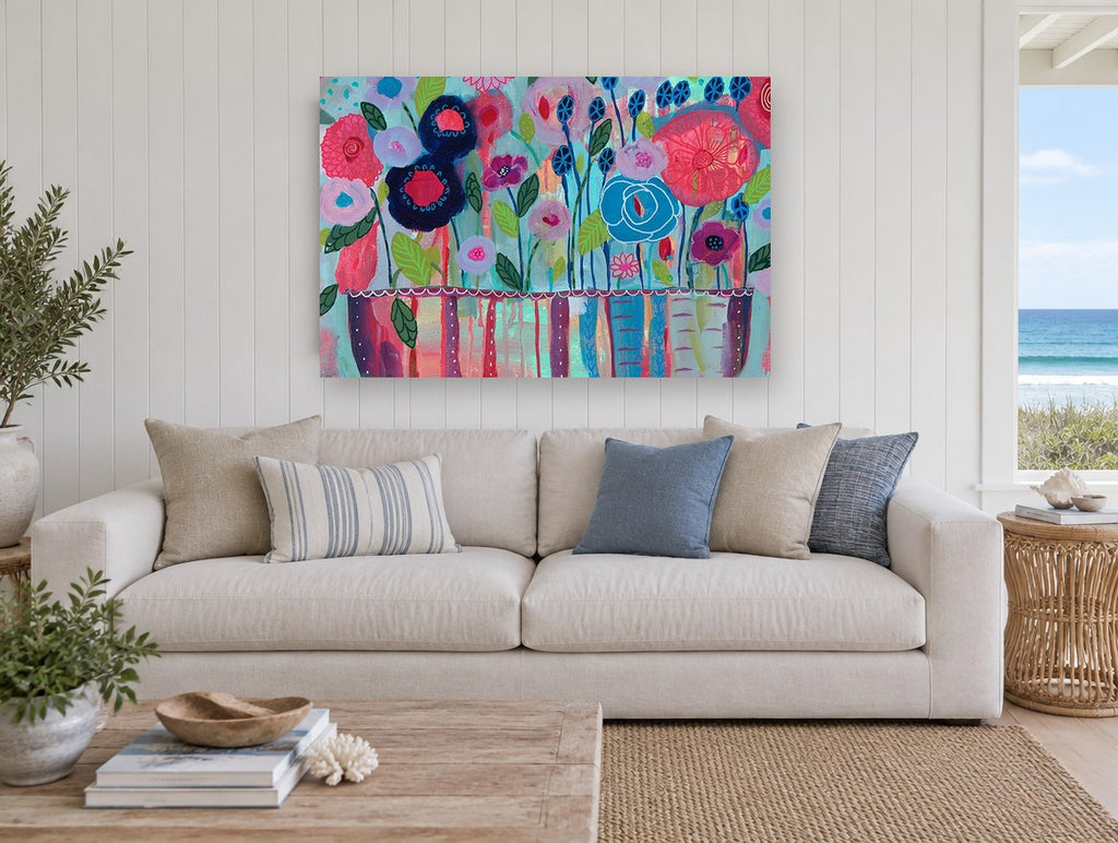 Joyful Flower Vase floral canvas print on the wall of a beach house living room