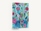 Pink Roses in Blue Vases, pink roses blue vases abstract floral, floral canvas wall art print ready to hang