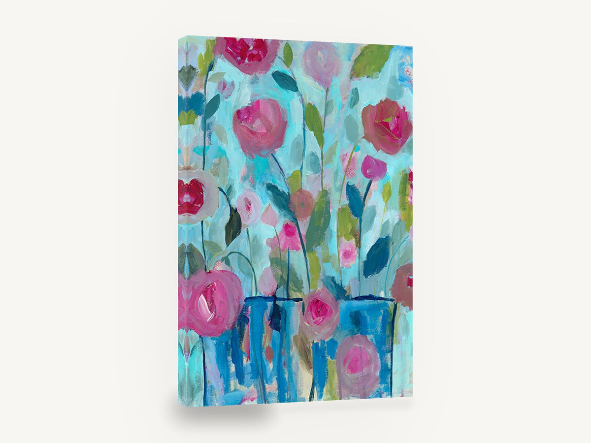 Pink Roses in Blue Vases, pink roses blue vases abstract floral, floral canvas wall art print ready to hang