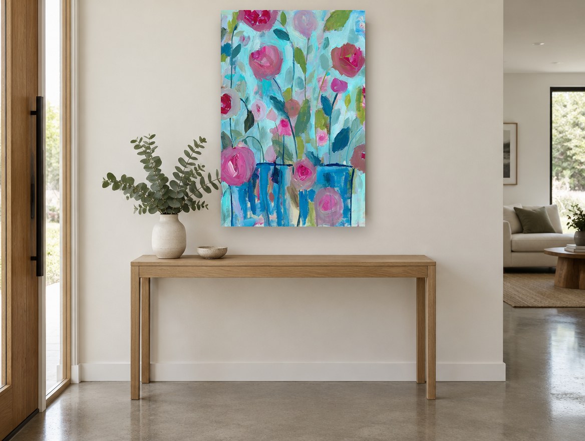 Pink Roses in Blue Vases floral canvas print on the wall of a entry hall