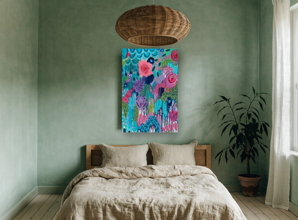 Teal Garden Bloom floral canvas print on the wall of a bedroom