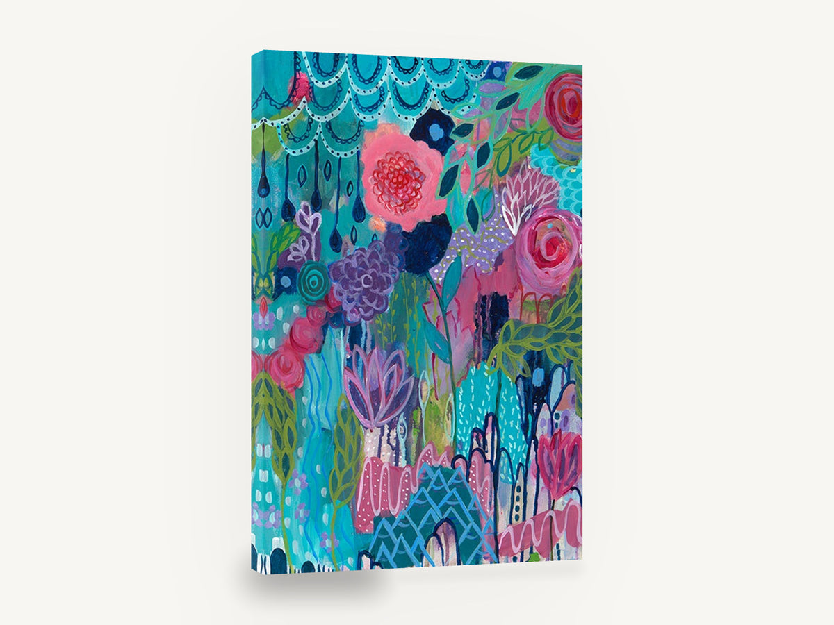 Teal Garden Bloom, pink purple flowers abstract floral painting, floral canvas wall art print ready to hang