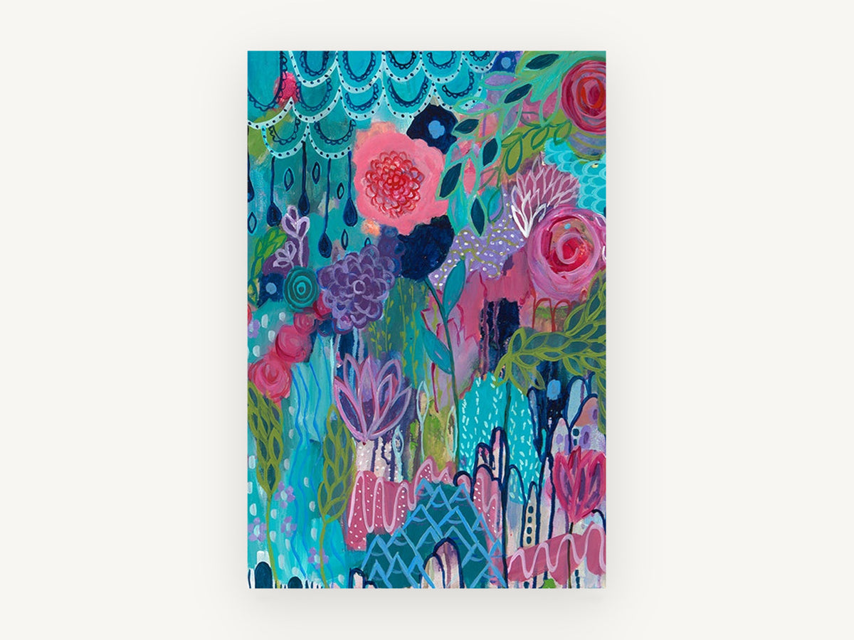 Teal Garden Bloom, floral canvas wall art print, front view