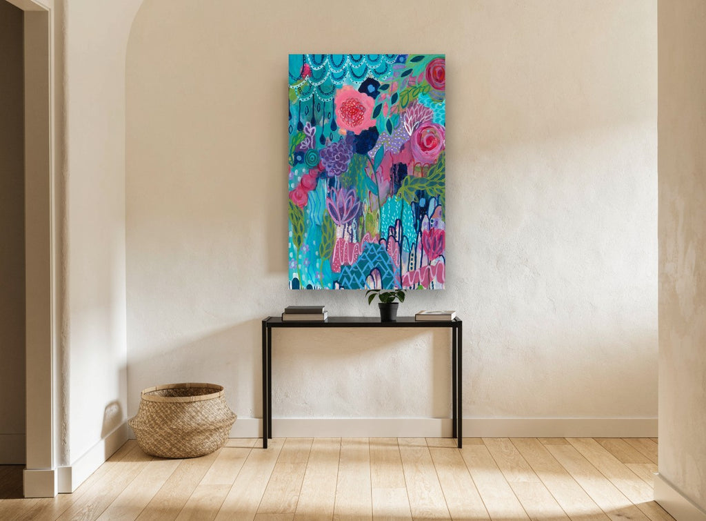Teal Garden Bloom floral canvas print on the wall of a hallway