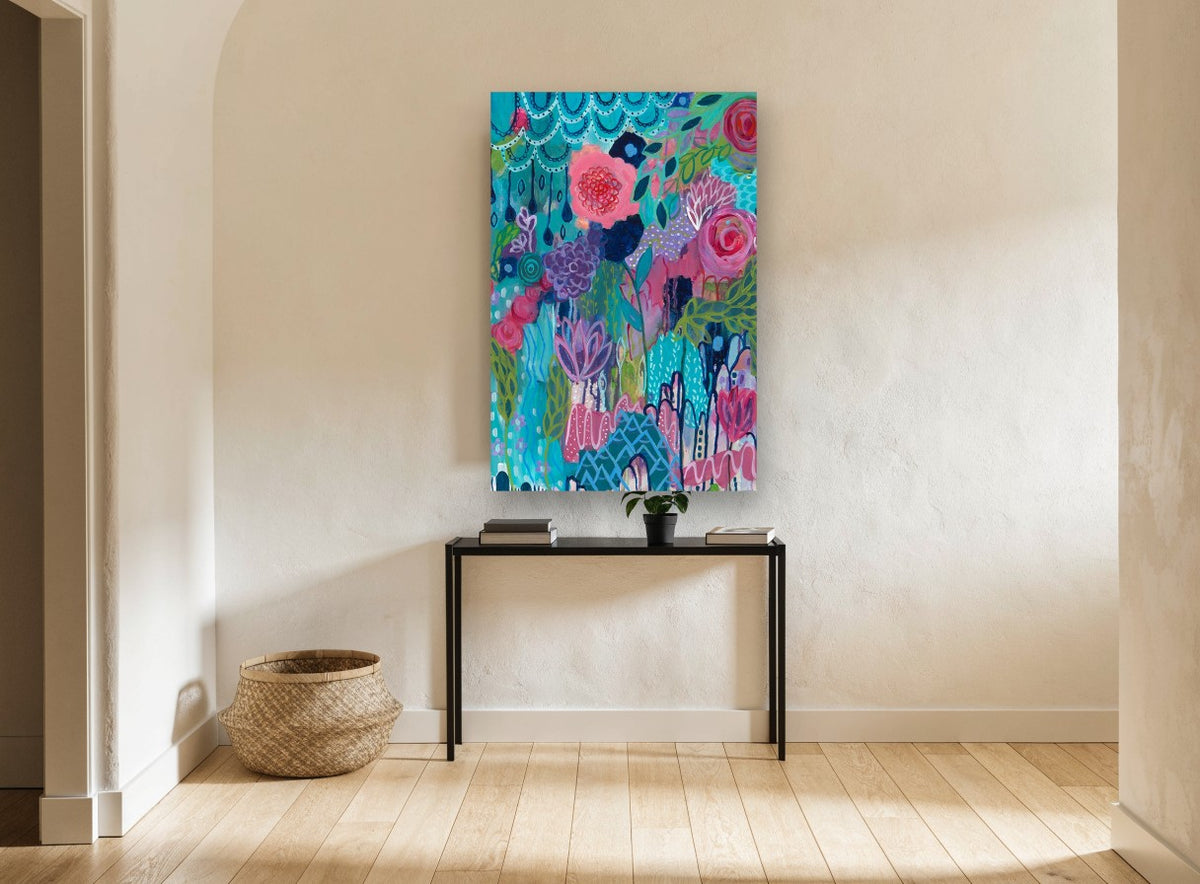 Teal Garden Bloom floral canvas print on the wall of a hallway