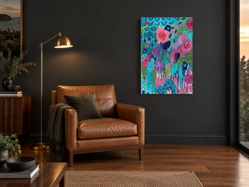 Teal Garden Bloom floral canvas print on the wall of a charcoal living room