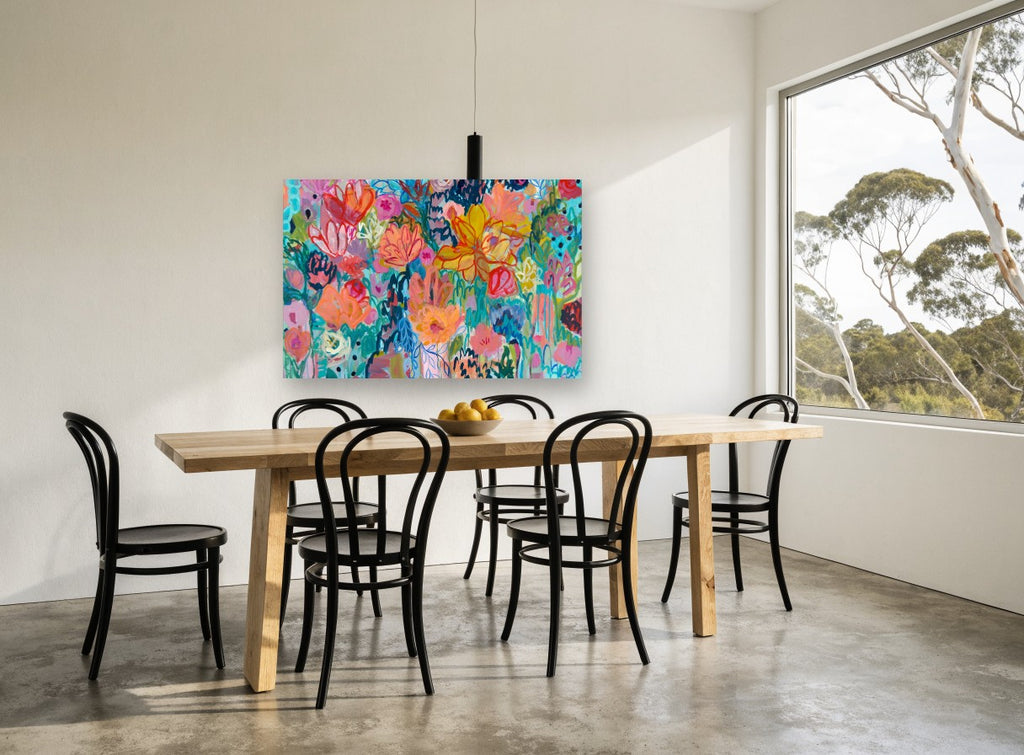 Garden in Full Chorus floral canvas print on the wall of a dining room
