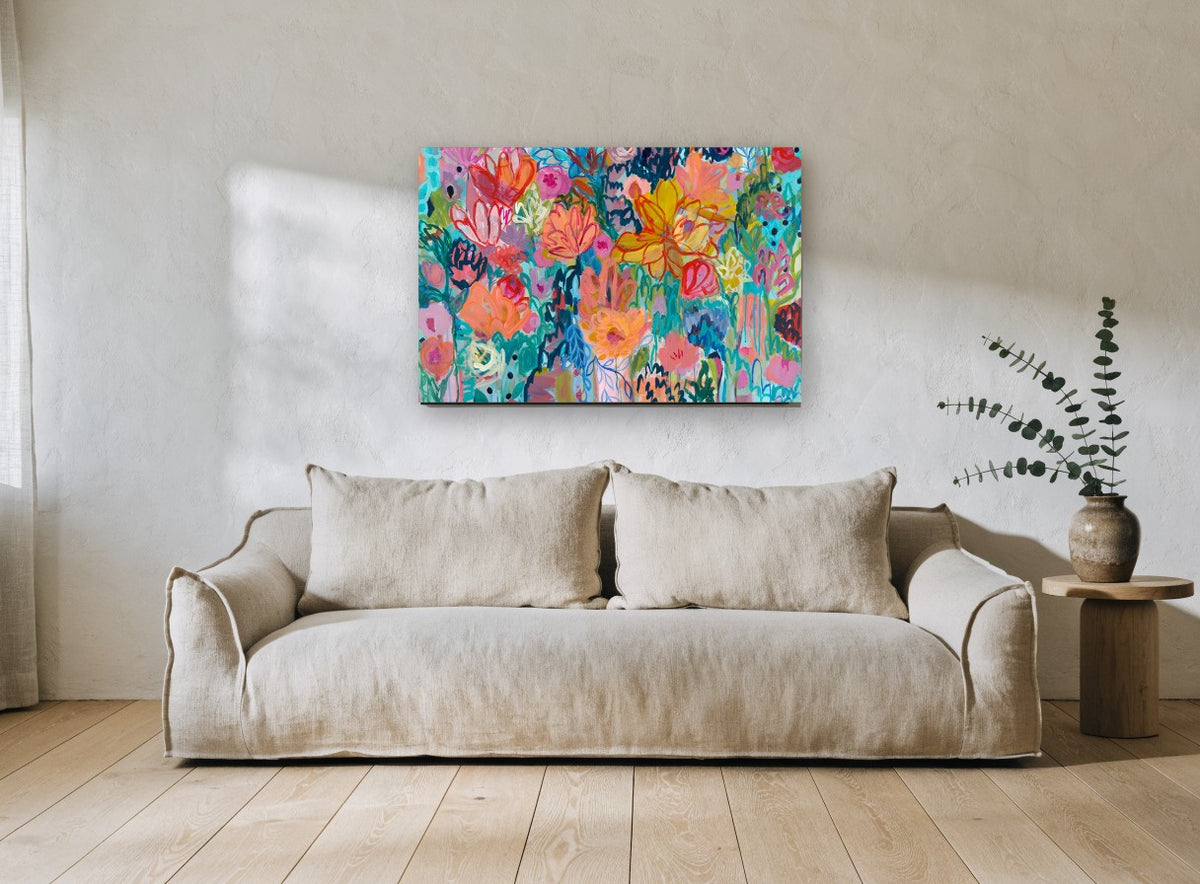 Garden in Full Chorus floral canvas print on the wall of a living room