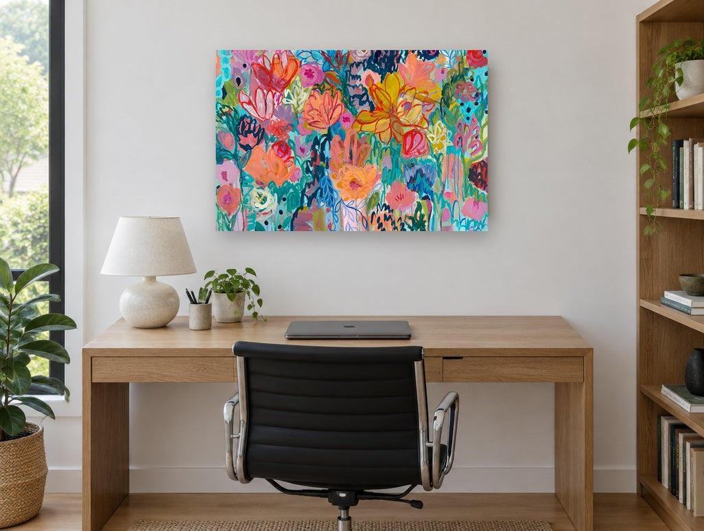 Garden in Full Chorus floral canvas print on the wall of a study