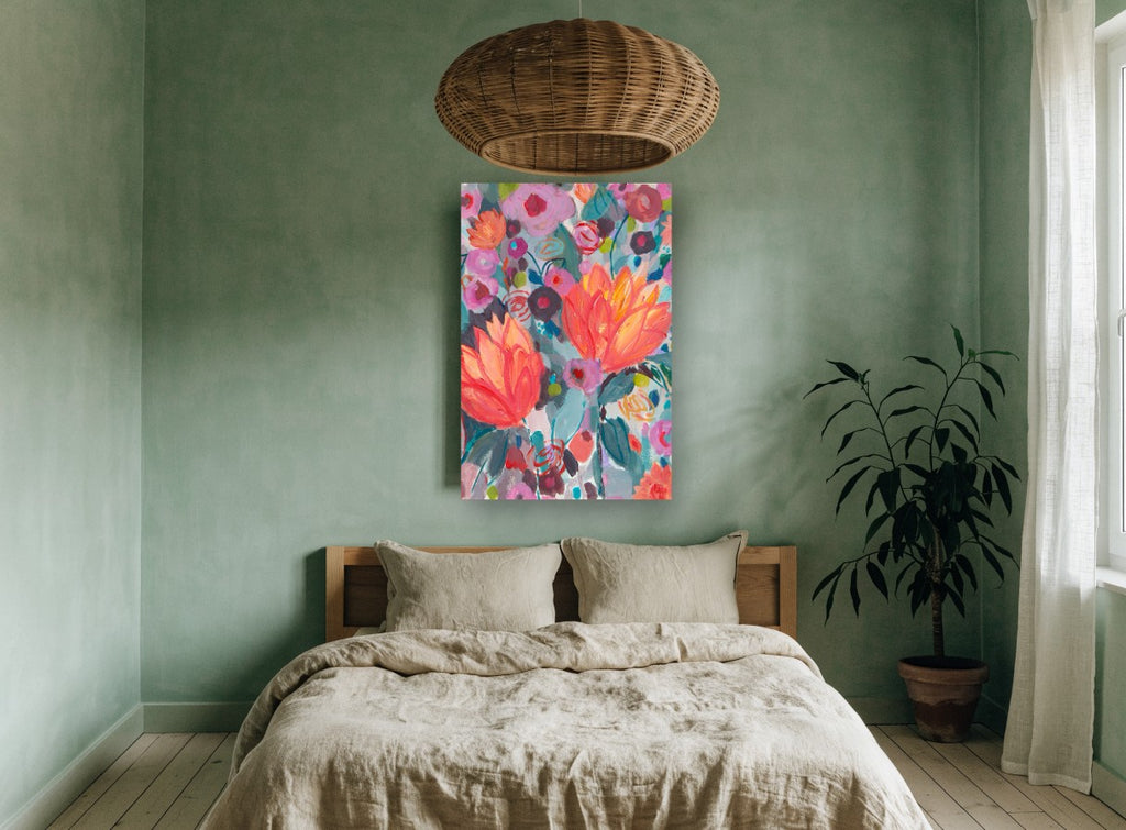 Coral Blooms Bouquet floral canvas print on the wall of a bedroom
