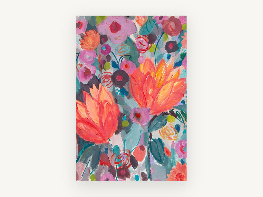 Coral Blooms Bouquet, floral canvas wall art print, front view