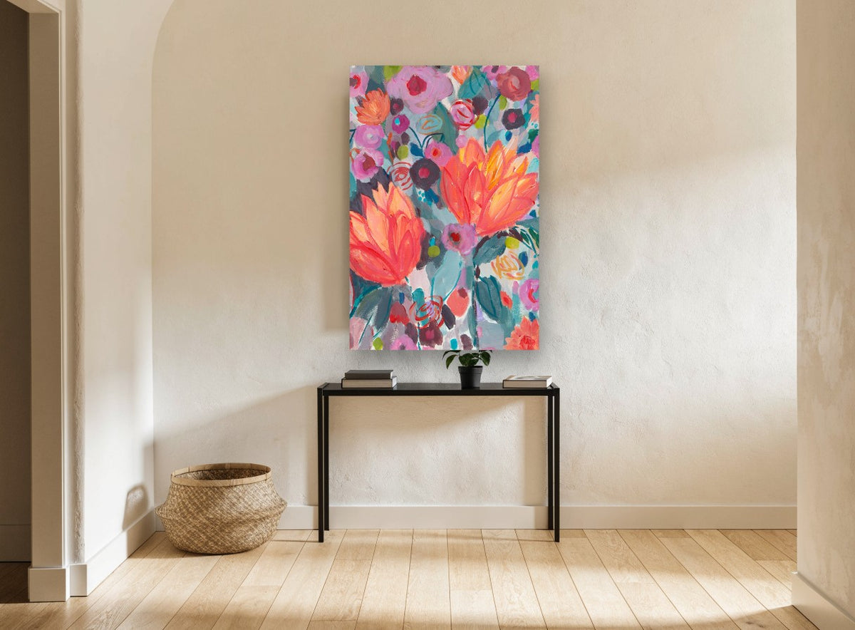 Coral Blooms Bouquet floral canvas print on the wall of a hallway