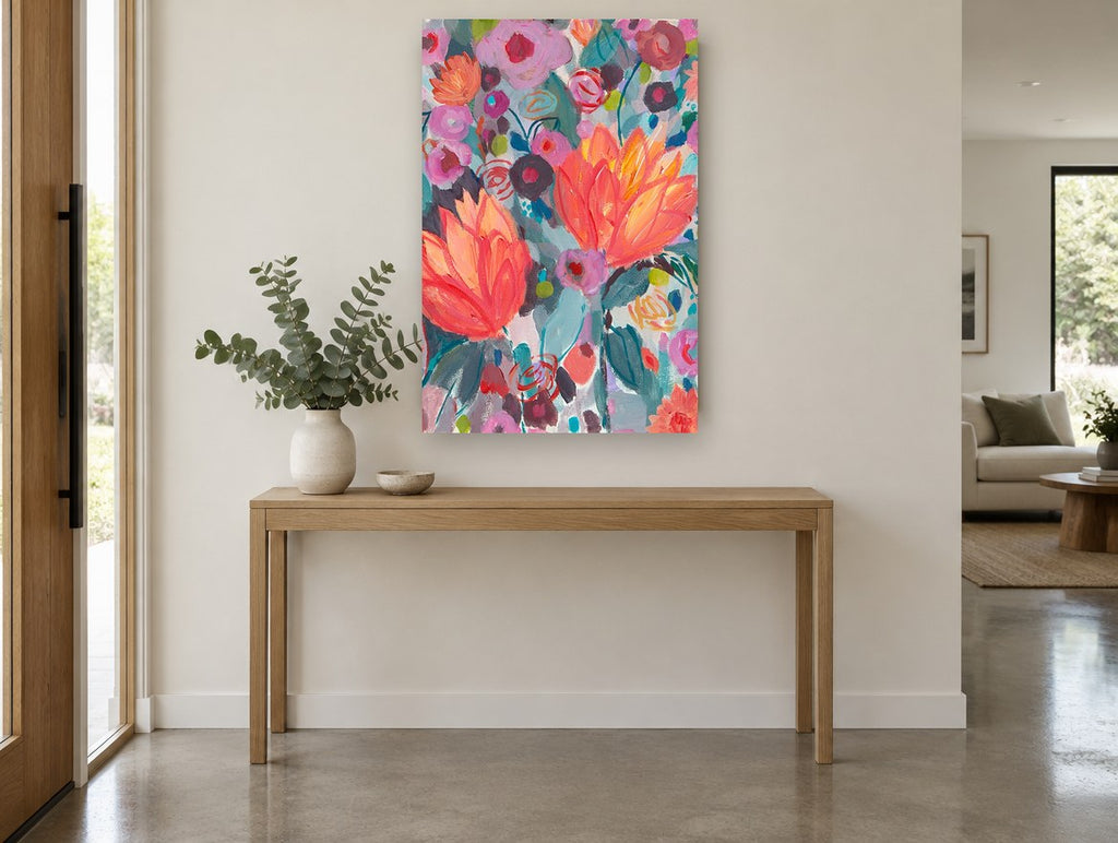 Coral Blooms Bouquet floral canvas print on the wall of a entry hall