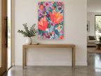 Coral Blooms Bouquet floral canvas print on the wall of a entry hall