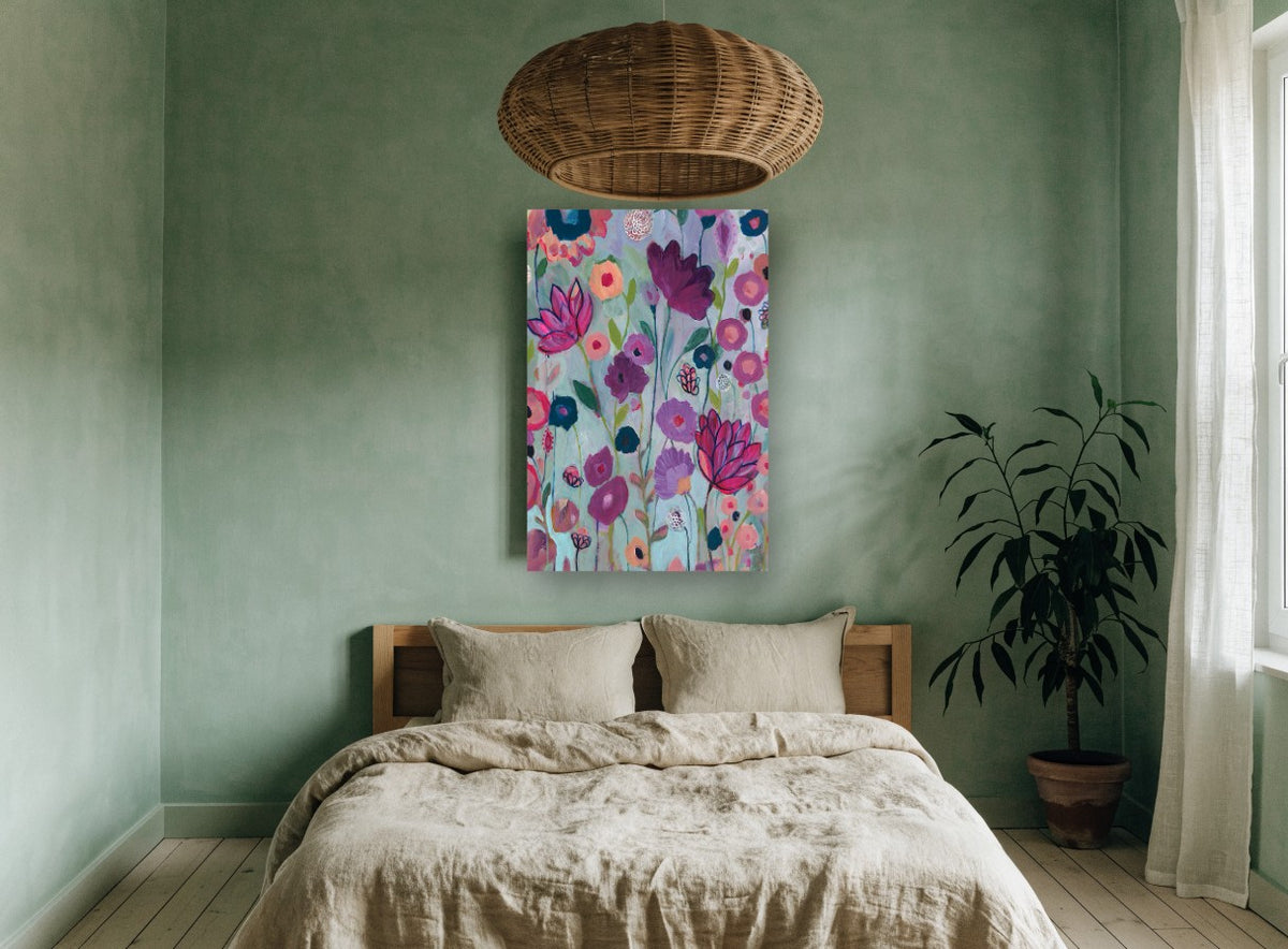 Lilac Garden Chorus floral canvas print on the wall of a bedroom