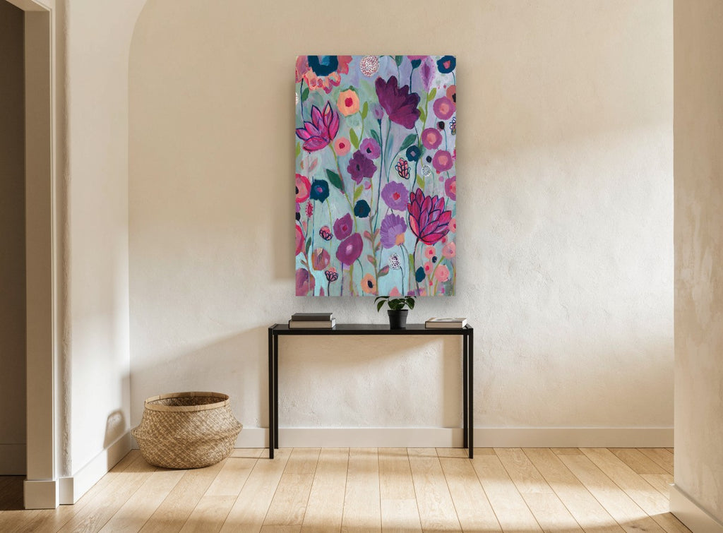 Lilac Garden Chorus floral canvas print on the wall of a hallway