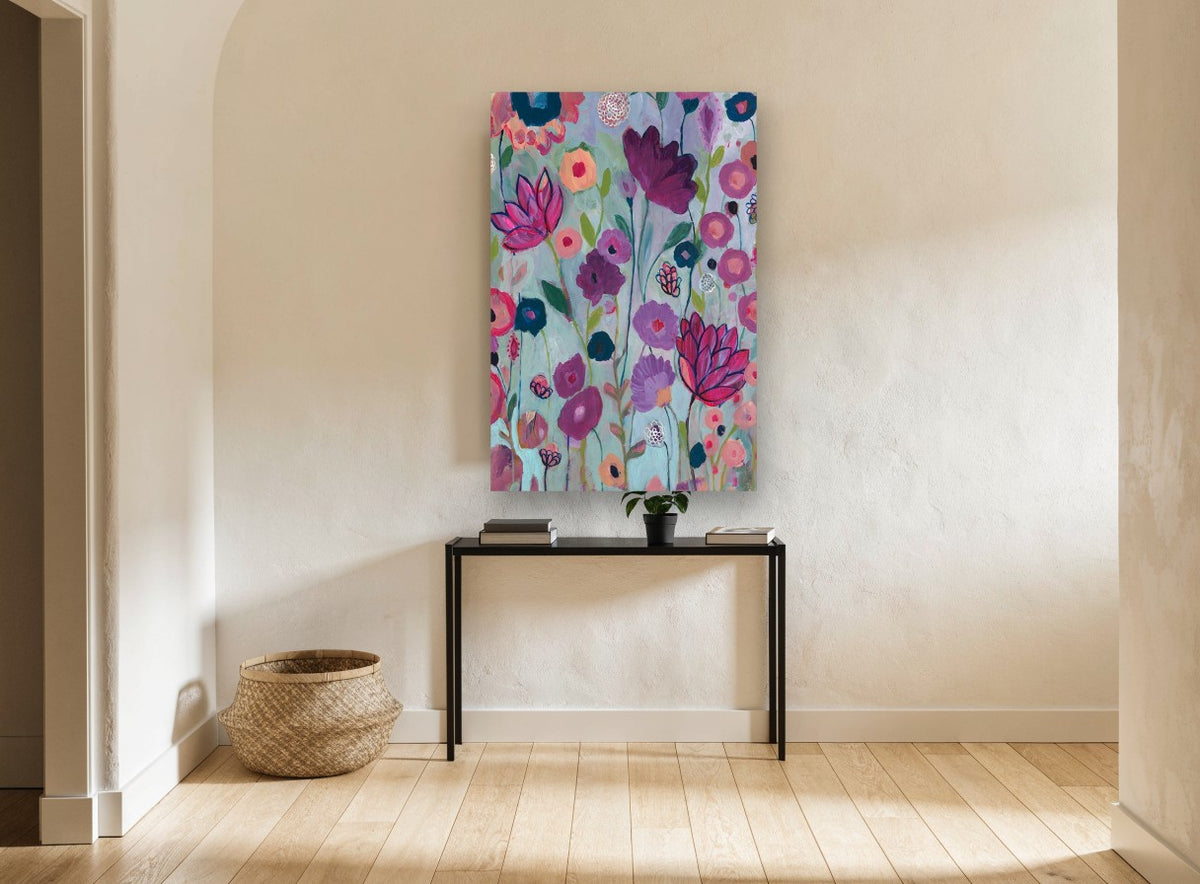 Lilac Garden Chorus floral canvas print on the wall of a hallway