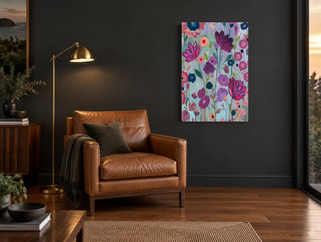 Lilac Garden Chorus floral canvas print on the wall of a charcoal living room