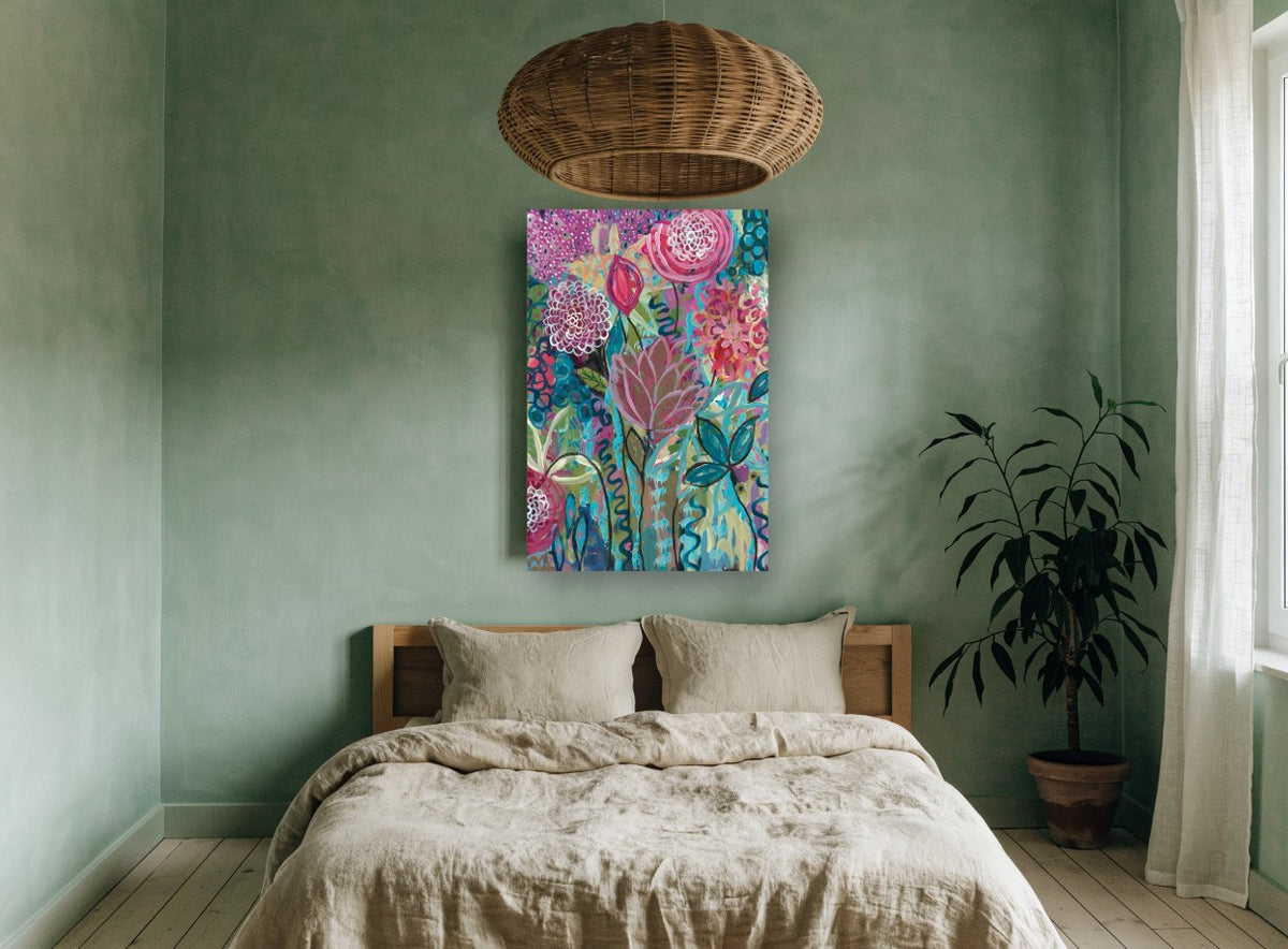 Garden of Whorls floral canvas print on the wall of a bedroom