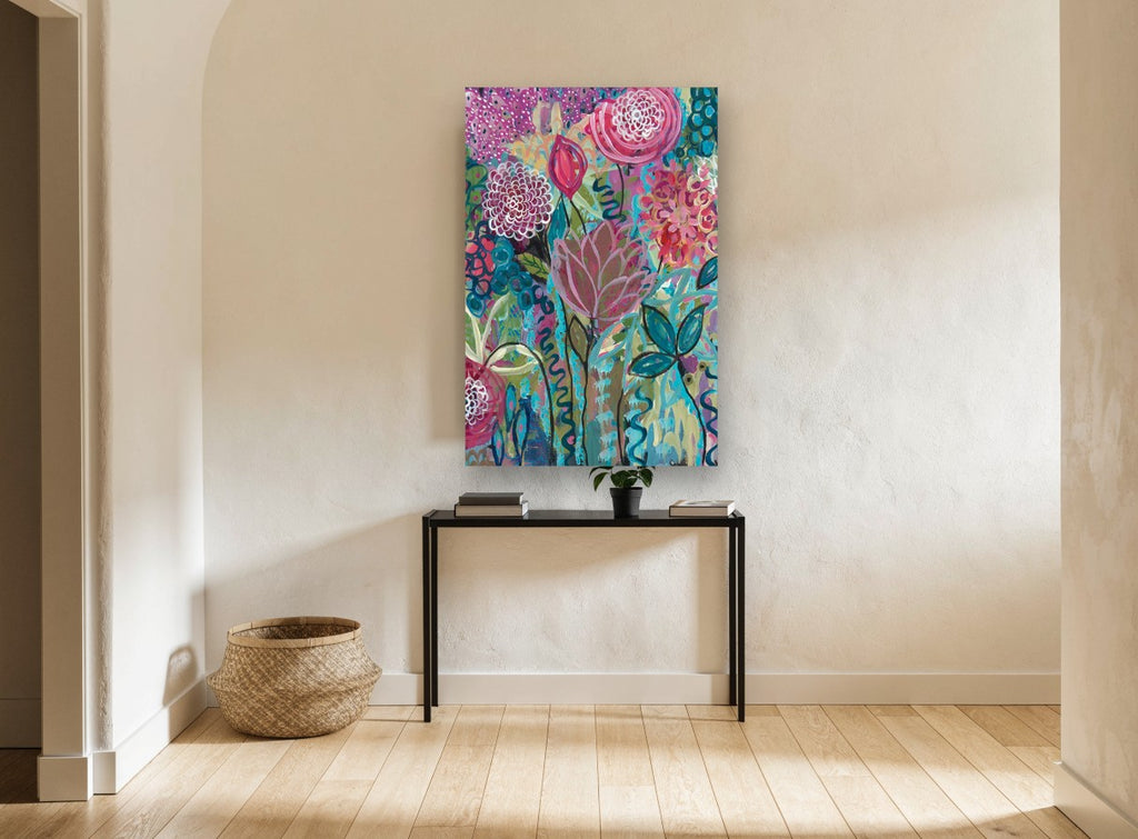 Garden of Whorls floral canvas print on the wall of a hallway