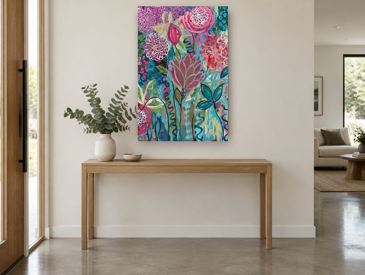 Garden of Whorls floral canvas print on the wall of a entry hall