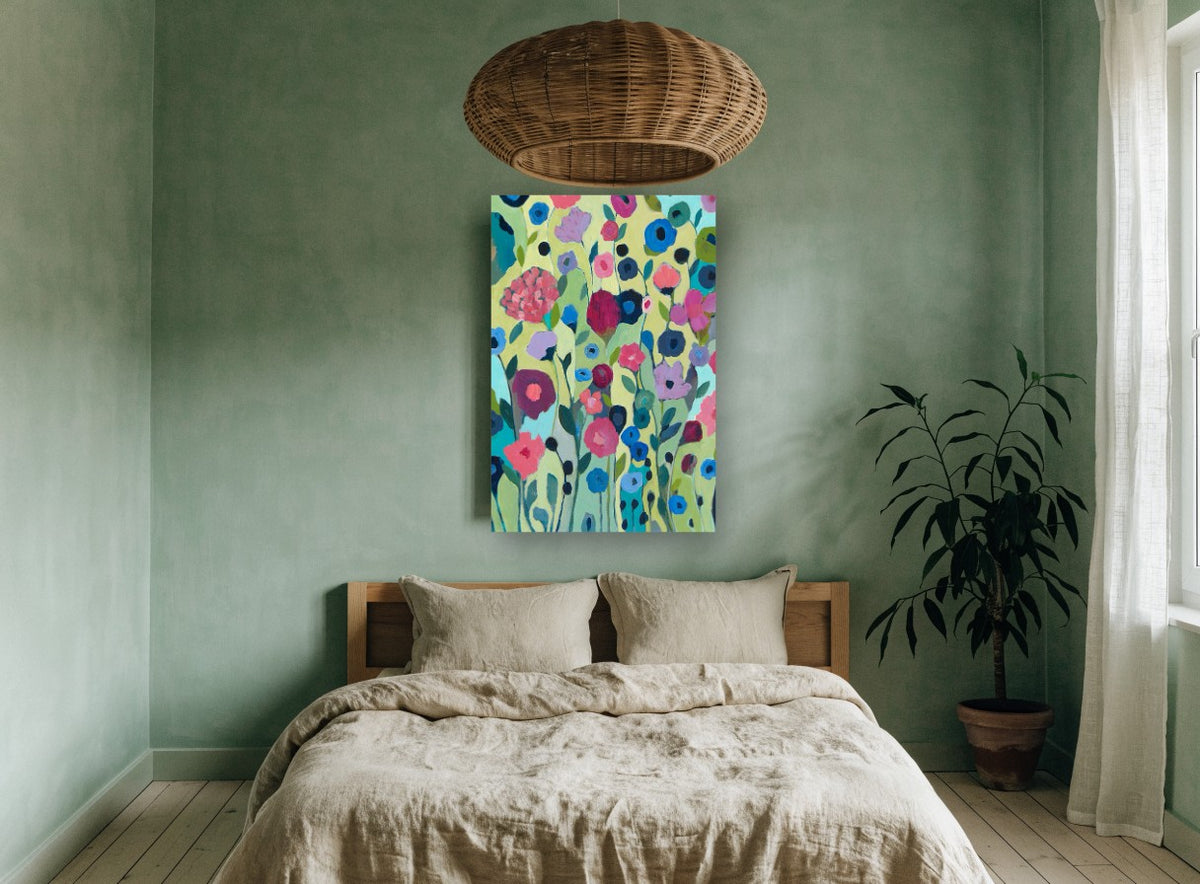 Garden of Blue Poppies floral canvas print on the wall of a bedroom