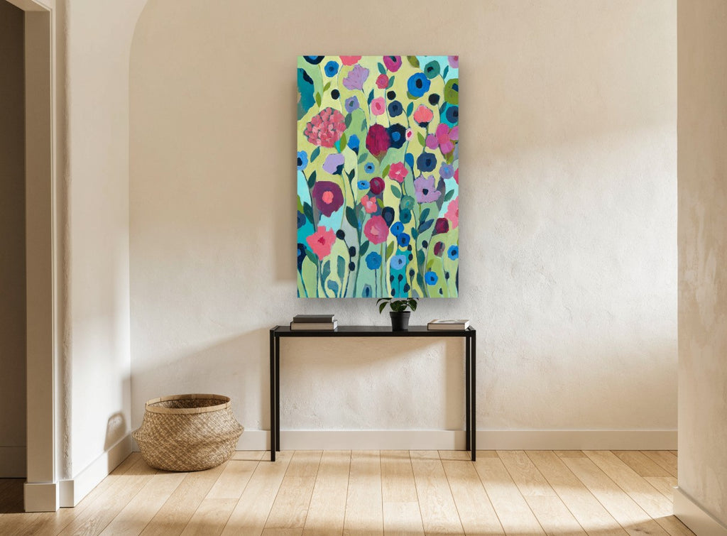 Garden of Blue Poppies floral canvas print on the wall of a hallway