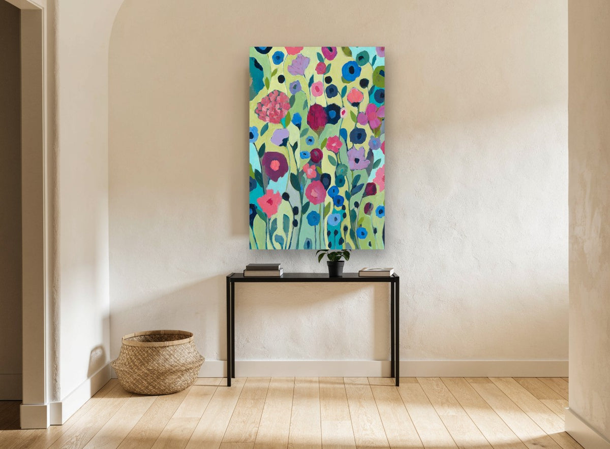 Garden of Blue Poppies floral canvas print on the wall of a hallway