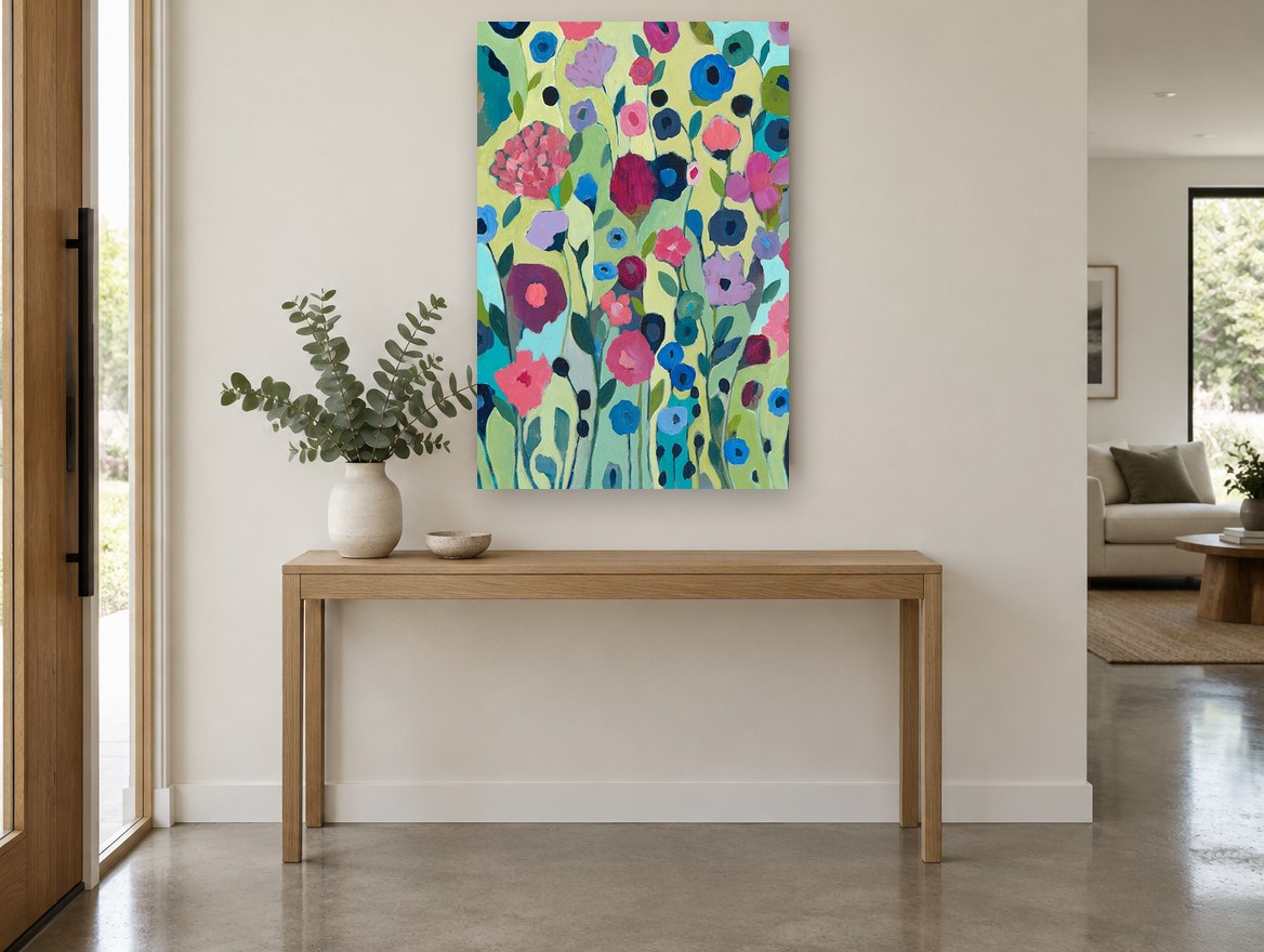 Garden of Blue Poppies floral canvas print on the wall of a entry hall