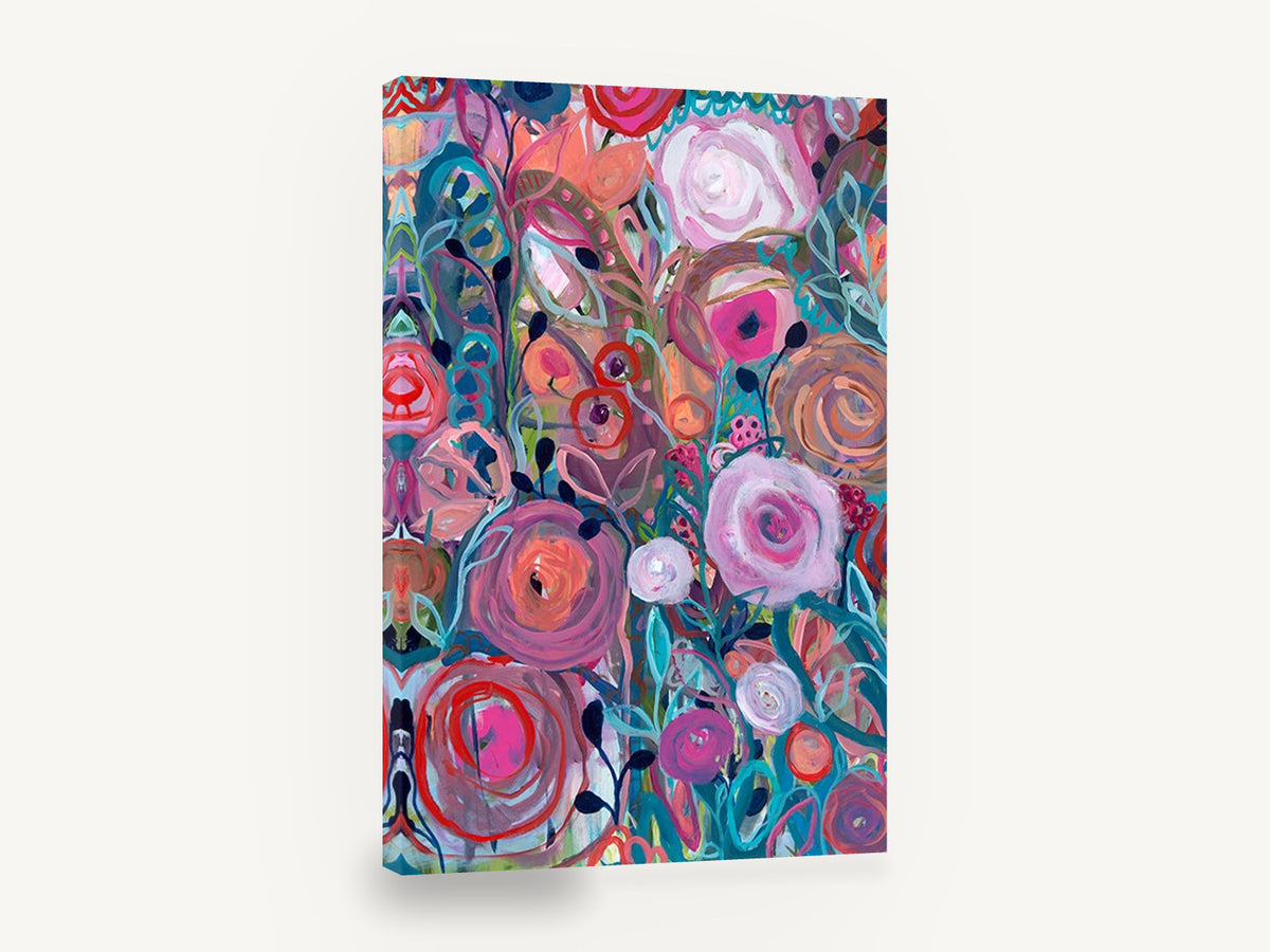 Spiralling Garden Blooms, pink abstract floral acrylic garden, floral canvas wall art print ready to hang