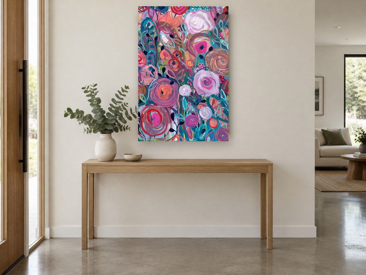 Spiralling Garden Blooms floral canvas print on the wall of a entry hall