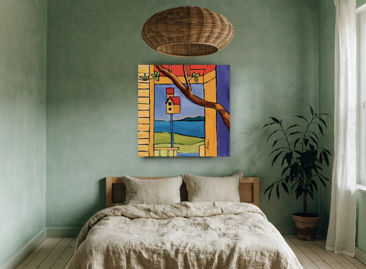 Birdhouse By The Bay coastal canvas print on the wall of a bedroom