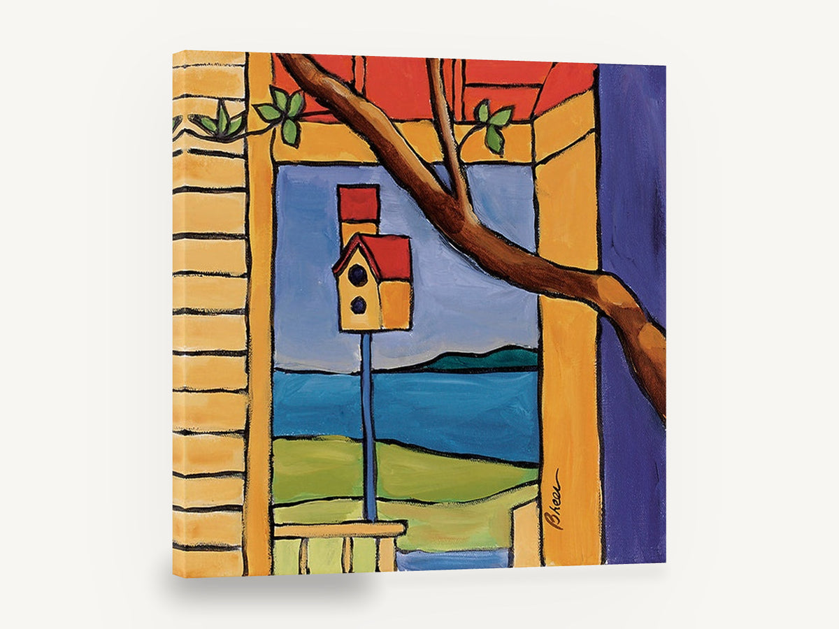 Birdhouse By The Bay, birdhouse window bay view artwork, coastal canvas wall art print ready to hang
