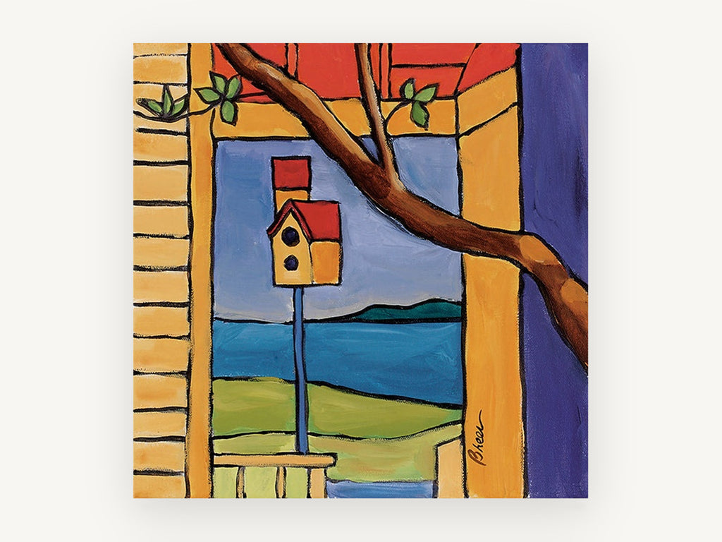 Birdhouse By The Bay, coastal canvas wall art print, front view