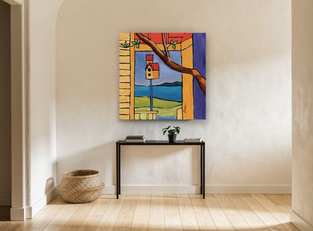 Birdhouse By The Bay coastal canvas print on the wall of a hallway