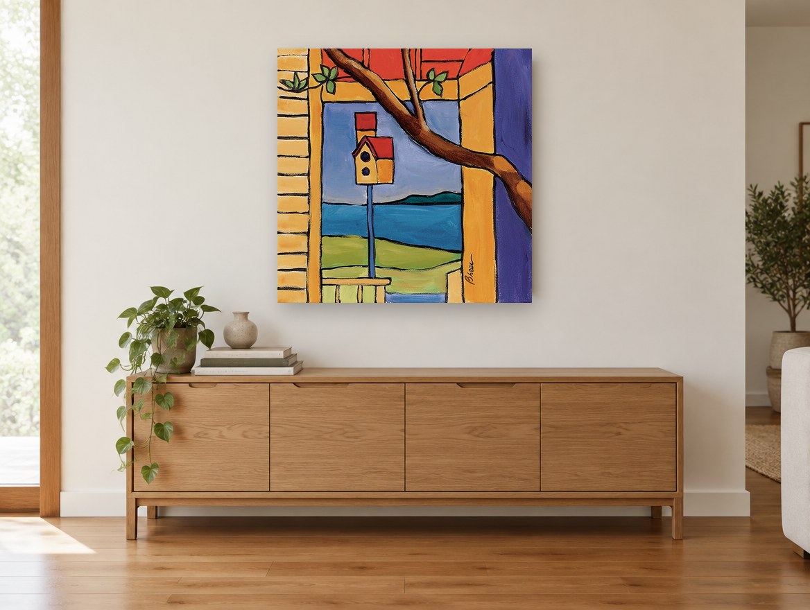 Birdhouse By The Bay coastal canvas print on the wall of a living room above a sideboard