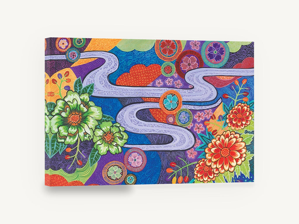 Winding River Blooms, colourful folk floral river pattern, floral canvas wall art print ready to hang