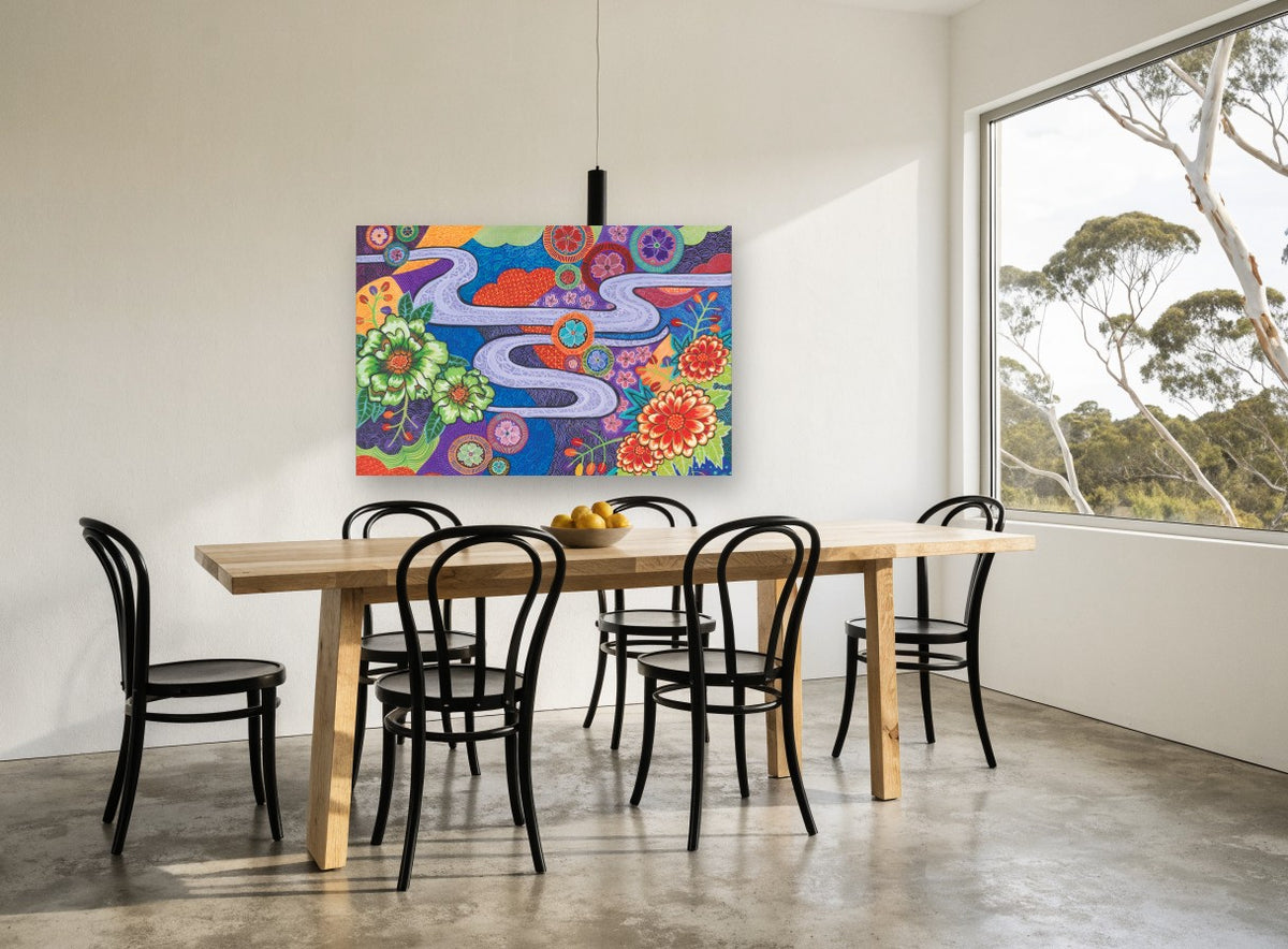 Winding River Blooms floral canvas print on the wall of a dining room
