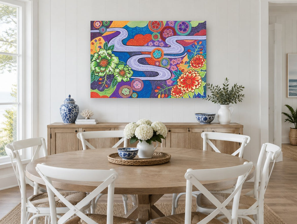 Winding River Blooms floral canvas print on the wall of a Hamptons dining room