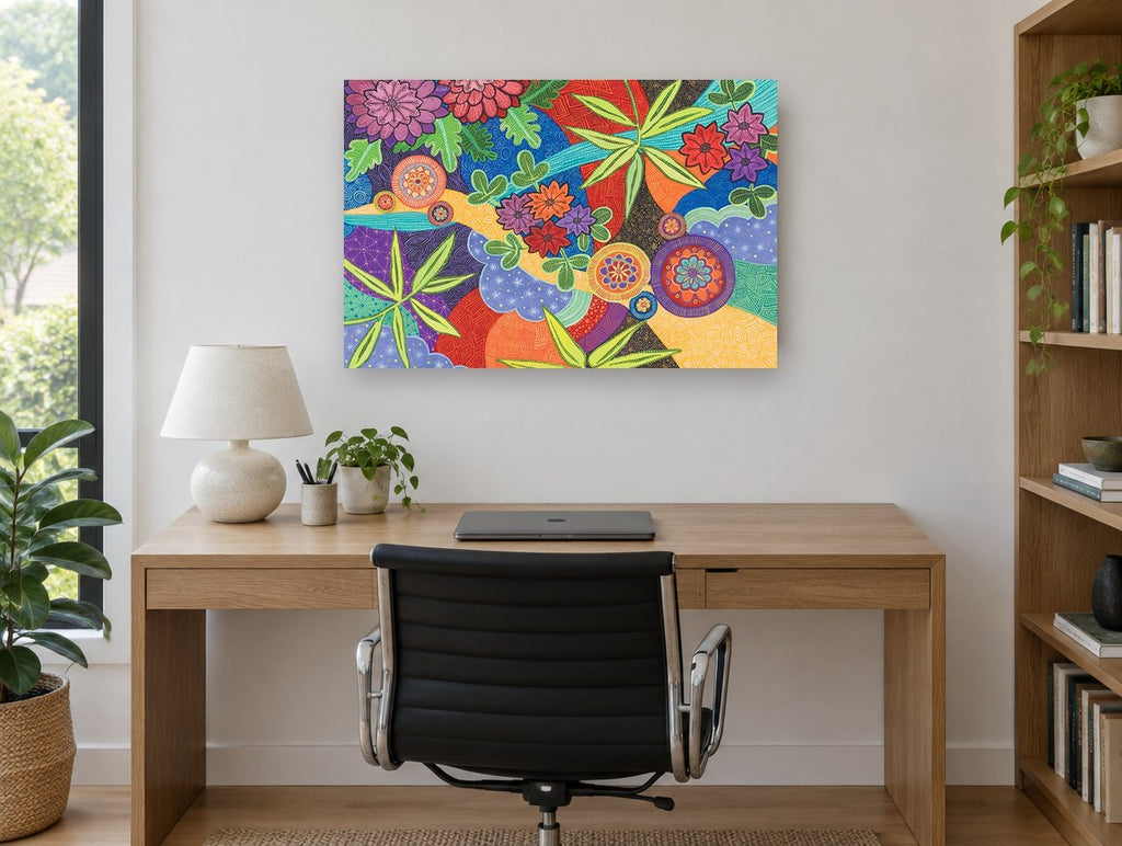Patterned Garden Flow floral canvas print on the wall of a study