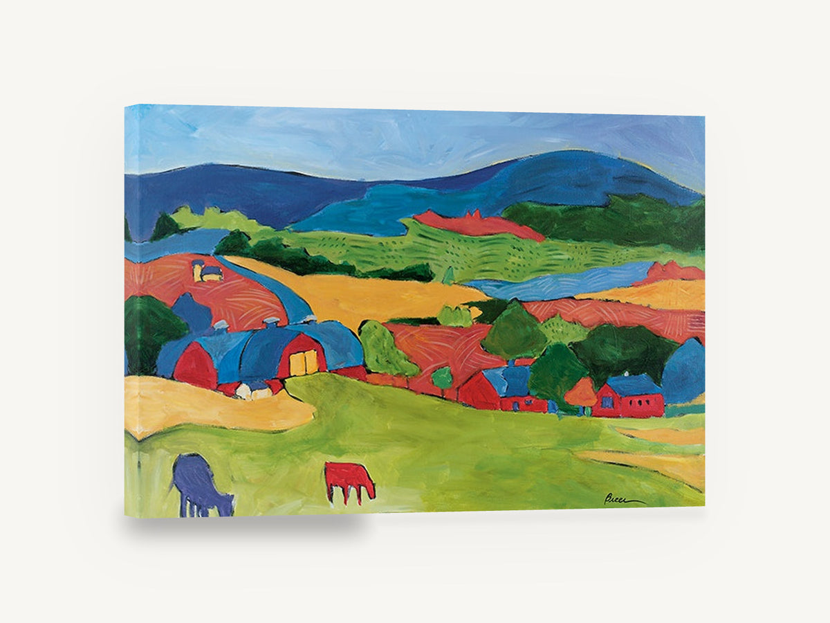 Red Barns Patchwork Hills, colourful farm valley landscape painting, landscape canvas wall art print ready to hang