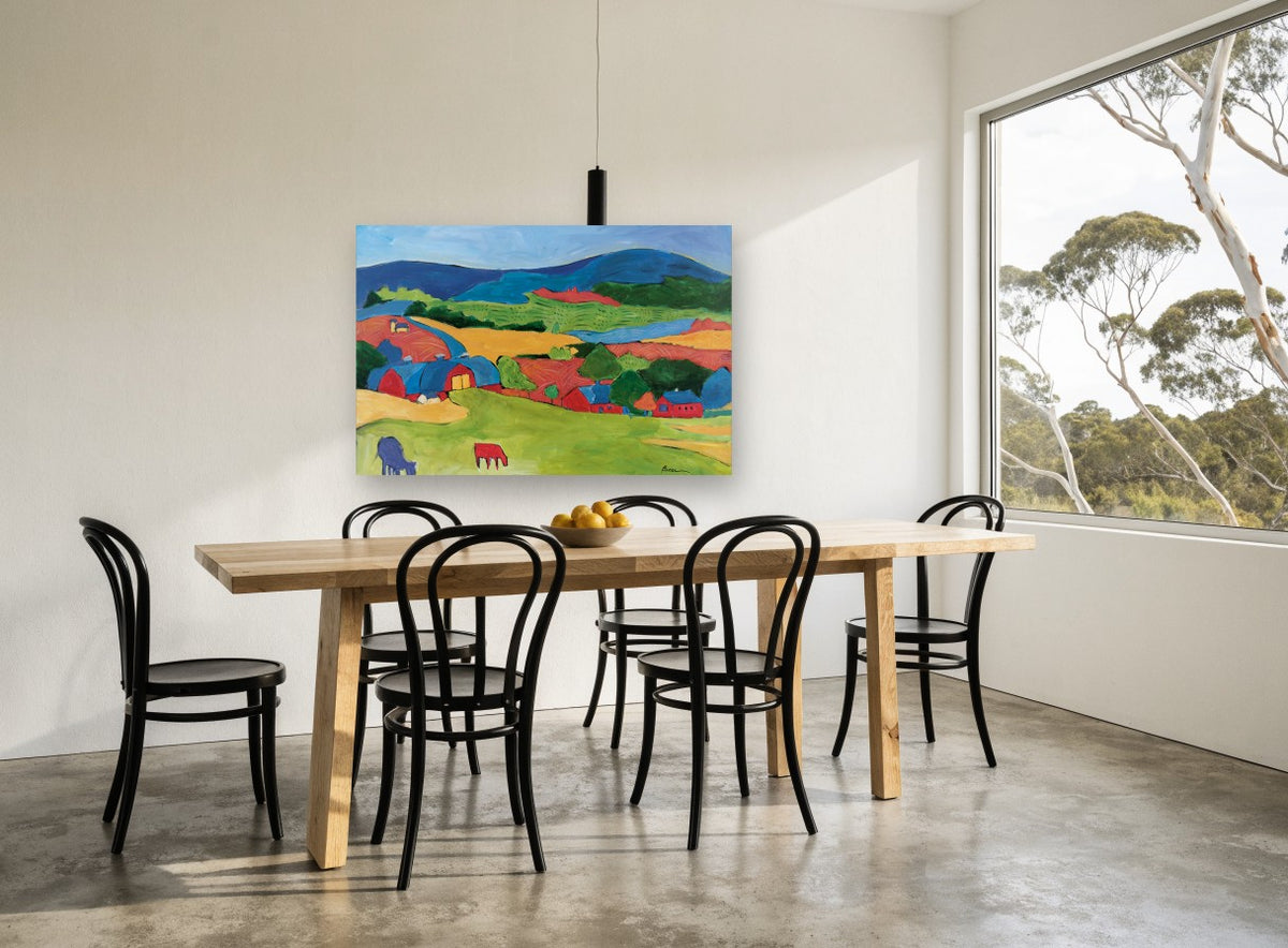 Red Barns Patchwork Hills landscape canvas print on the wall of a dining room