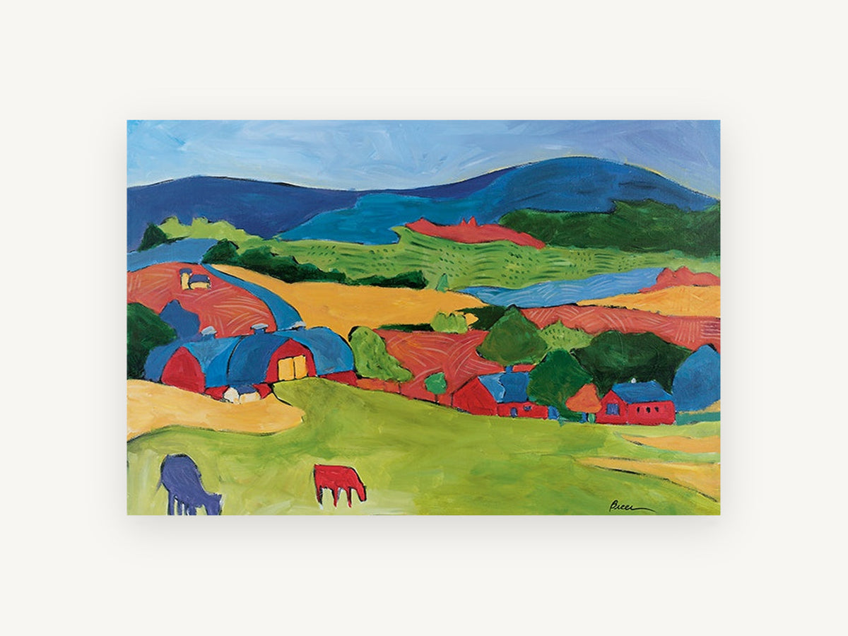 Red Barns Patchwork Hills, colourful farm valley landscape painting, landscape canvas wall art print, front view