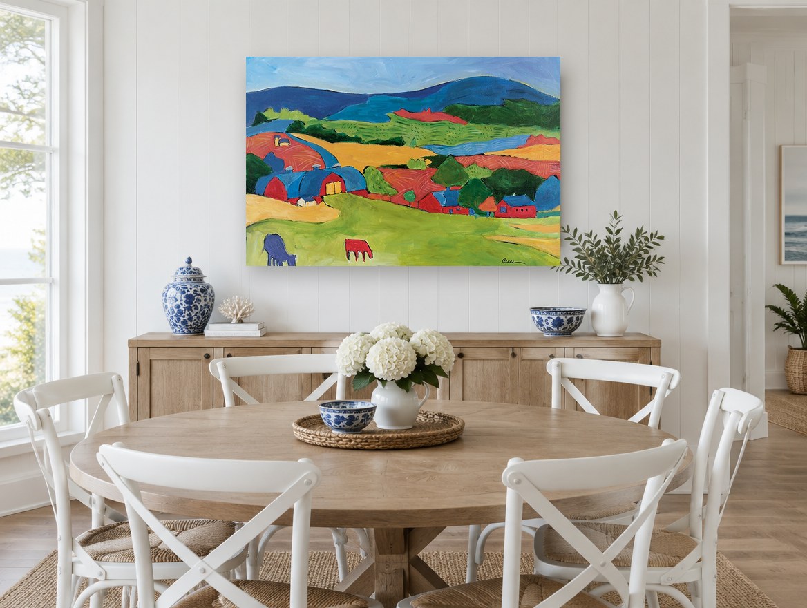 Red Barns Patchwork Hills landscape canvas print on the wall of a Hamptons dining room