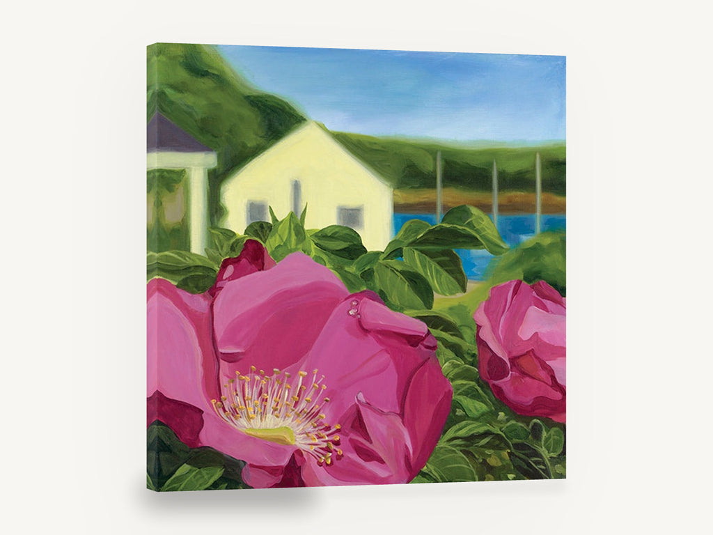 Beach Rose Cottage, pink beach rose coastal cottage painting, coastal canvas wall art print ready to hang