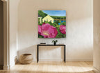 Beach Rose Cottage coastal canvas print on the wall of a hallway