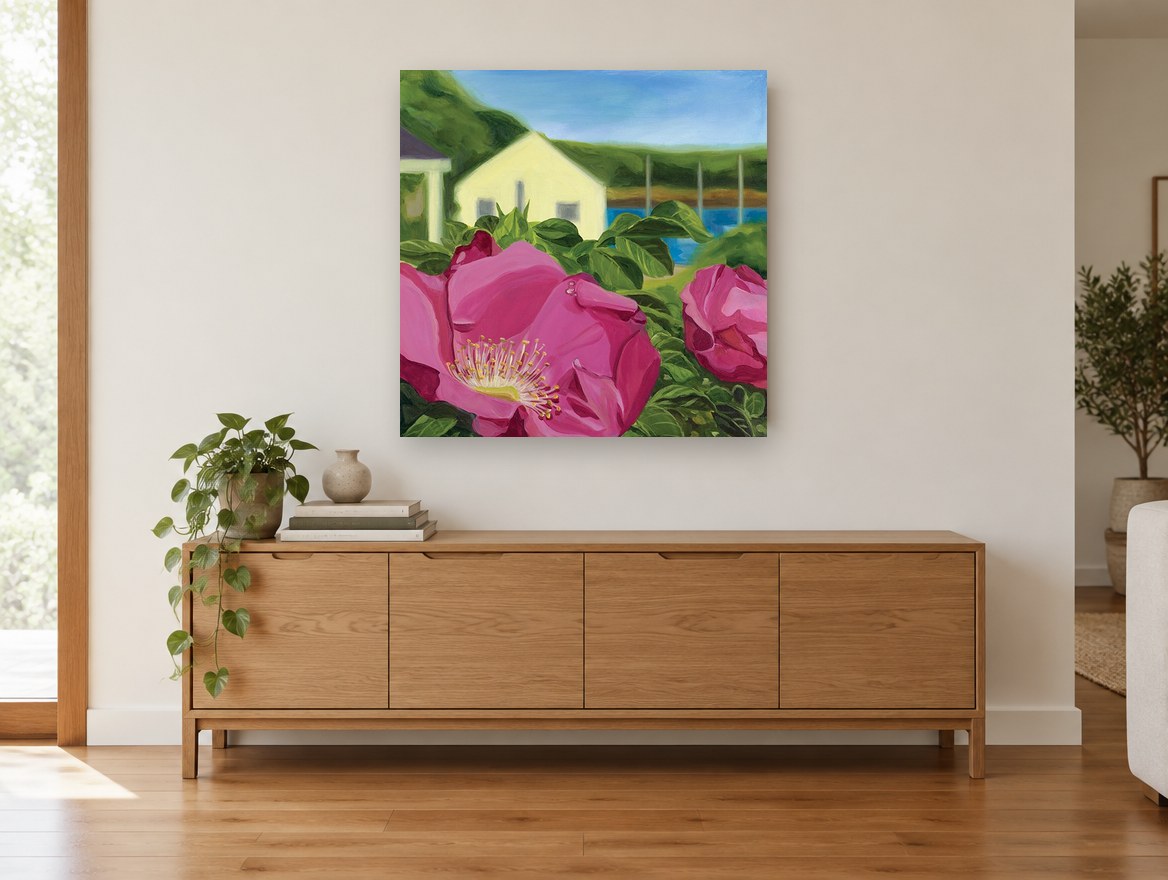 Beach Rose Cottage coastal canvas print on the wall of a living room above a sideboard