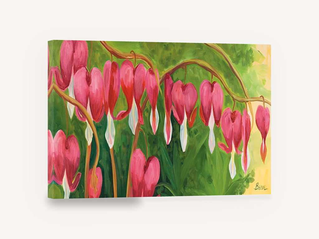 Hanging Pink Hearts, bleeding heart flowers painting, floral canvas wall art print ready to hang