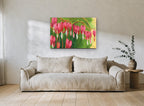Hanging Pink Hearts floral canvas print on the wall of a living room