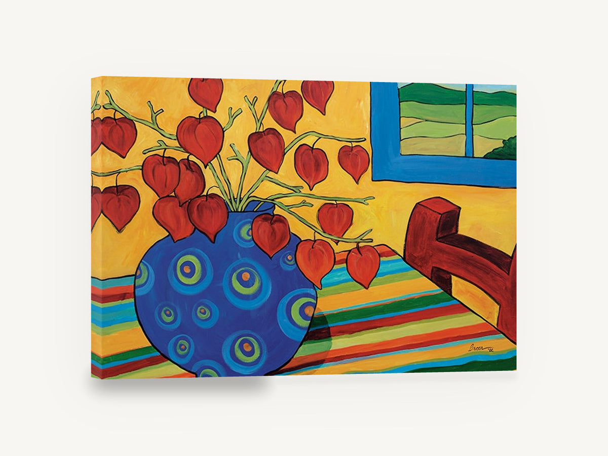 Lanterns in Blue Vase, chinese lantern plant still life painting, floral canvas wall art print ready to hang